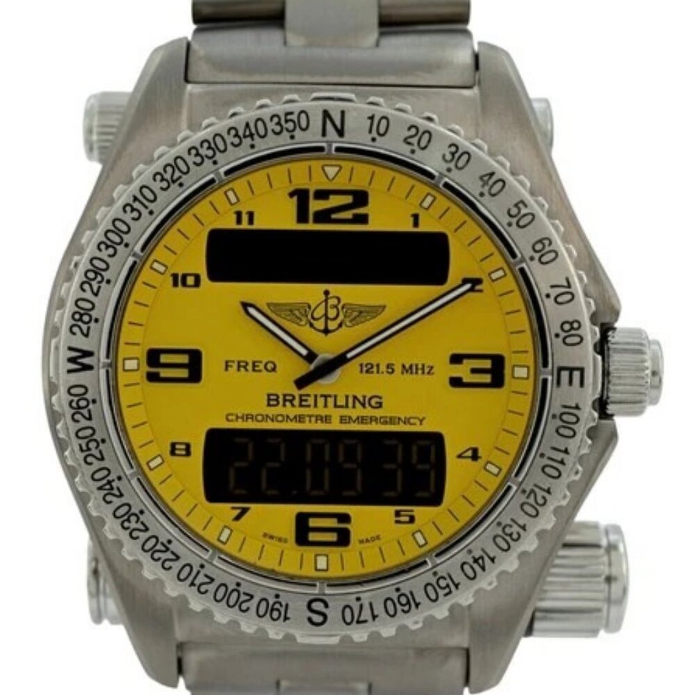 Breitling 43mm Men's Emergency Rare Yellow Dial Titanium Swiss Watch Ref: E76321